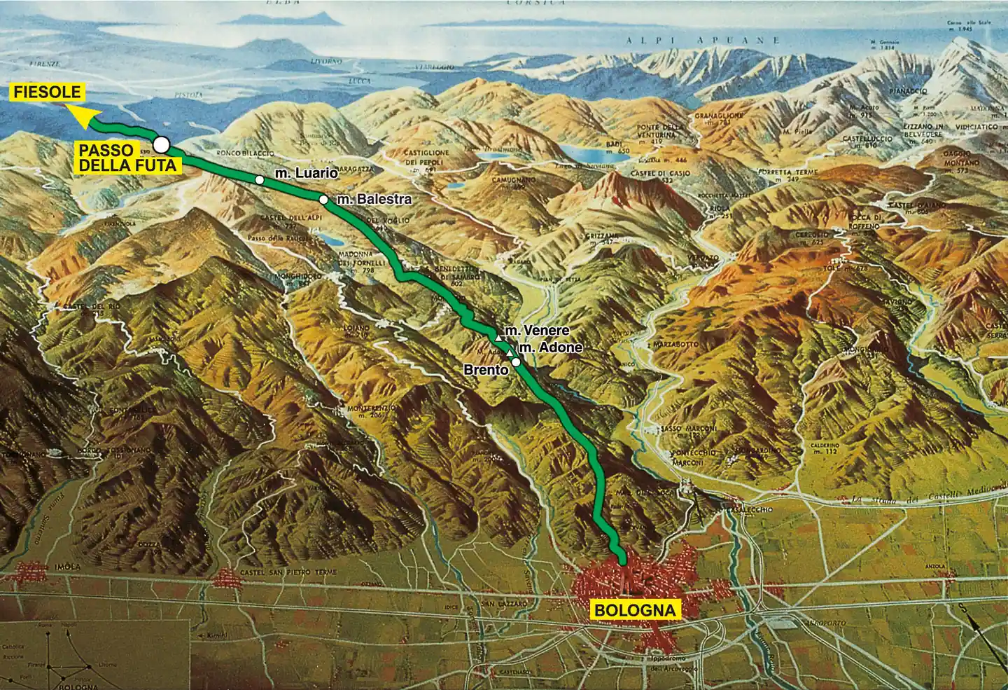 Cartina geografica rappresentativa del territorio tra Bologna e Fiesole